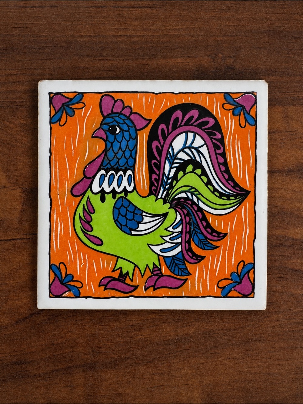 Vintage Rooster Ceramic Tile 70s Folk Art Kitchen Wall Decor by Seven Star